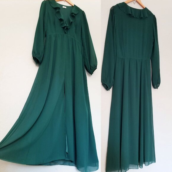 Aritzia Wilfred Millie Dress 8 Forest Green Romantic Ruffle Chiffon Maxi Slit - Picture 15 of 16